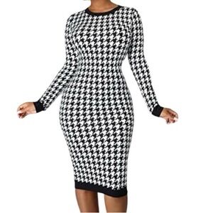 Chic Houndstooth Long Sleeve Dress